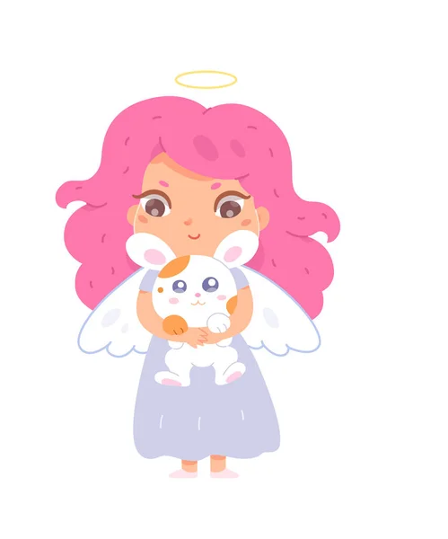 Schattige engel baby meisje, grappig klein kind met roze haar, heilige halo en vleugels houden konijn — Stockvector