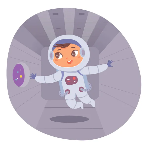 Astronauta criança dentro do ônibus espacial voando em gravidade zero, caminhada espacial de cosmonauta bebê —  Vetores de Stock