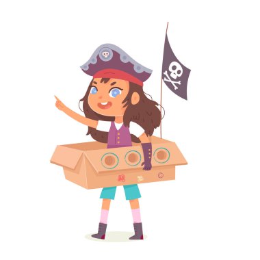 Çocuk karton gemiyle oynuyor, korsan bayrağı ve kağıttan teknede yelken açan şirin bir kız.