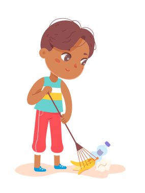 Çocuk doğayı plastik şişelerden ve çöplerden temizliyor, çocuk tırmık tutuyor.