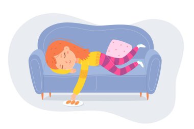 Çocuklar için uyku zamanı, tatlı bir çocuğun gündüz uykusu, ana okulu kızı kanepede uyuyor.