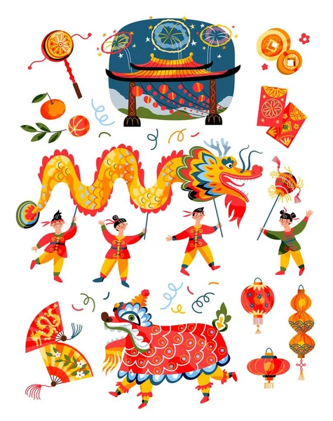 Κινέζικα στοιχεία εορτασμού της Πρωτοχρονιάς που. Παραδοσιακή ασιατική εικονογράφηση διάνυσμα φεστιβάλ. Άνθρωποι με δράκο, κοστούμι ζώου, φανάρια, πορτοκάλια, κροτίδες, ανεμιστήρες σε λευκό φόντο — Διανυσματικό Αρχείο