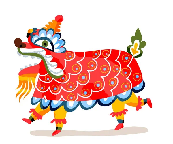 Κινέζικη στολή ζώου εορτασμού της Πρωτοχρονιάς. Παραδοσιακή ασιατική εικονογράφηση διάνυσμα φεστιβάλ. Άνθρωποι σε ύφασμα από πνεύμα κόκκινο ζώο, τα πόδια των ανθρώπων που απομονώνονται σε λευκό φόντο — Διανυσματικό Αρχείο