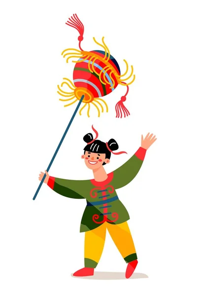 Menina celebrando o Ano Novo Chinês. Tradicional ilustração vetor festival asiático. Criança feliz andando de férias segurando objeto redondo no fundo branco. Cultura de celebração oriental —  Vetores de Stock