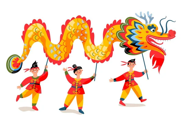 Pessoas segurando dragão de Ano Novo chinês. Tradicional ilustração vetor festival asiático. Meninos e menina caminhando e celebrando férias com dragão animal de papel no fundo branco —  Vetores de Stock