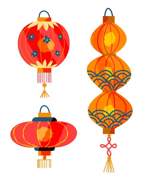 Κινέζικα χάρτινα φανάρια για την Πρωτοχρονιά. Παραδοσιακή ασιατική εικονογράφηση διάνυσμα φεστιβάλ. Λαμπτήρες διαφορετικού σχήματος με σχέδια και σχέδια και φως στο εσωτερικό σε λευκό φόντο — Διανυσματικό Αρχείο