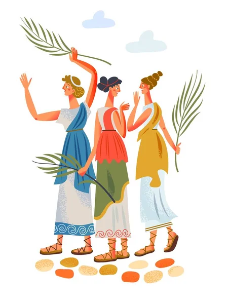 Ancient Roman empire women with leaves. Rome history and culture vector illustration. Young beautiful girls in tunics and sandals standing and talking on white background with clouds — Vettoriale Stock