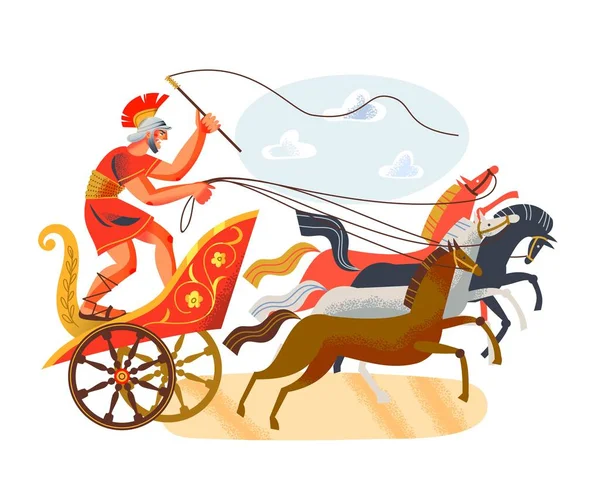 Ancient Roman empire man riding in cart with horses. Rome history and culture vector illustration. Young guy standing and riding in race, speeding up animals on white background —  Vetores de Stock