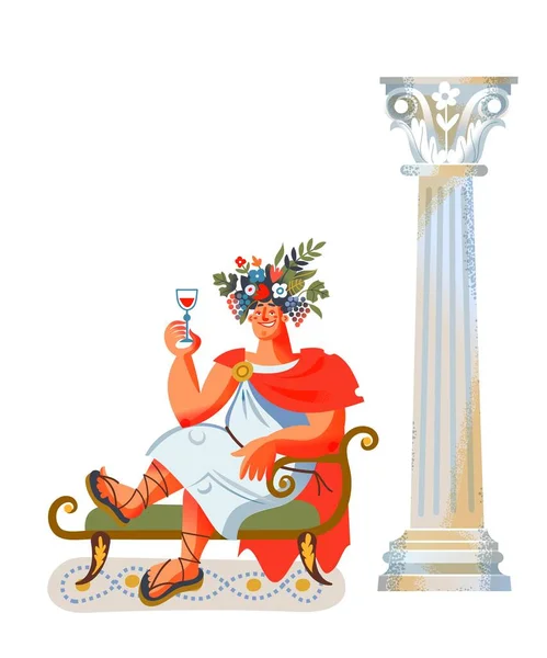 Antico impero romano uomo con bicchiere di vino. Roma storia e cultura vettoriale illustrazione. Giovane patrizio in toga e sandali seduto e bere su sfondo bianco con colonna — Vettoriale Stock