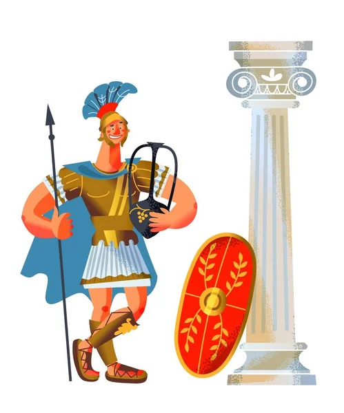 Ancient Roman empire soldier with spear and amphora. Rome history and culture vector illustration. Happy young warrior standing and smiling with weapon on white background with column and shield — Vettoriale Stock