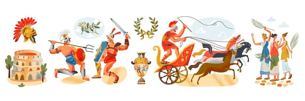 Ancient Roman empire people and elements set. Rome history and culture vector illustration. Gladiators fighting, Colosseum, women, man in cart with horses, amphora on white background —  Vetores de Stock