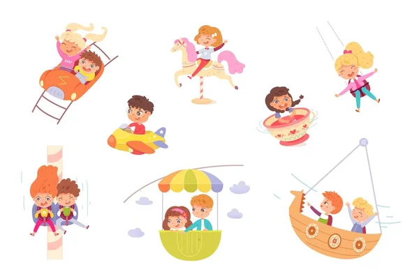 Kids riding in amusement park set. Happy children on carousel, ferris wheel, rollercoaster, ship, swing vector illustration. Boys and girls having fun in summer carnival or fair — Stock vektor