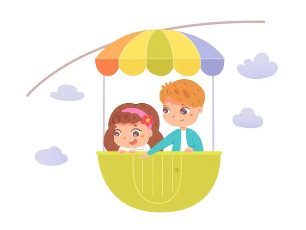 Kids riding in amusement park ferris wheel. Happy children standing in cart moving in air vector illustration. Boy and girl having fun in summer carnival or fair on white background — Stock vektor