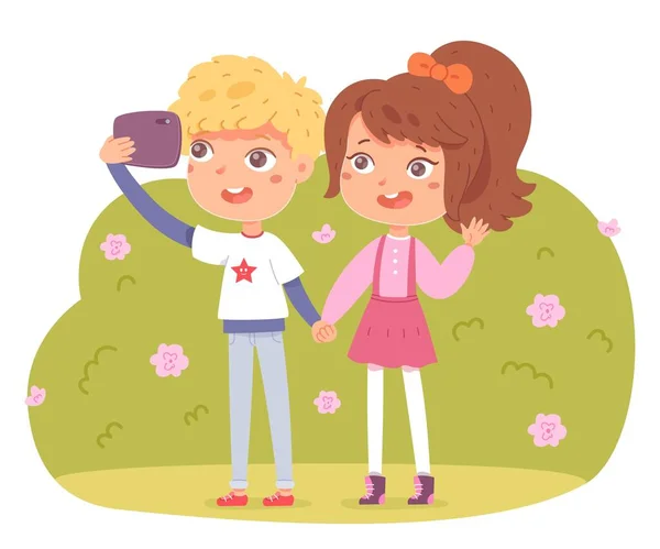 Kids making selfie on phone. Little boy and girl taking photo on smartphone in park. Children with mobile devices vector illustration. Outdoor fun activities with electronics — Stock vektor