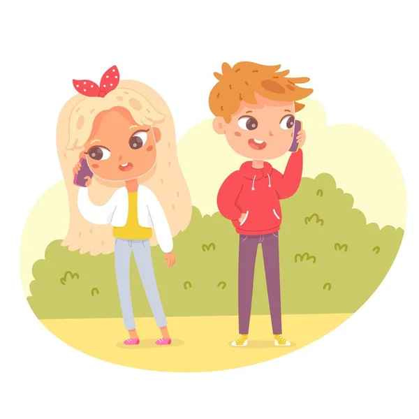 Kids talking on phone in park. Little boy and girl chatting on smartphones. Children with mobile devices vector illustration. Outdoor activities with electronics in nature — Stock vektor