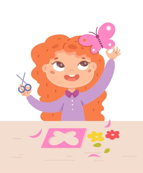 Girl making butterfly from paper in art and crafts class. Little child cutting flowers with scissors, sitting at desk. Creative activities with tools vector illustration — Stock vektor