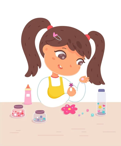 Girl making flower with beads and stars in art and crafts class. Little child crafting with glue, sitting at desk. Creative activities with tools vector illustration — Stock vektor