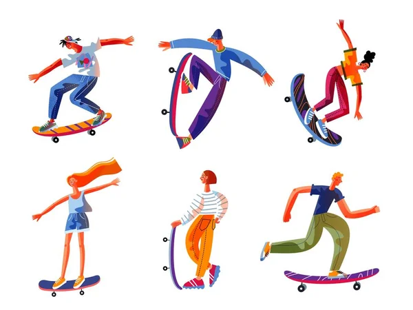Adolescentes patinando em skates set. Happy teenage boys and girls doing healthy exercise at leisure time vector illustration. Jovens de pé com bordo e movendo-se sobre fundo branco — Vetor de Stock