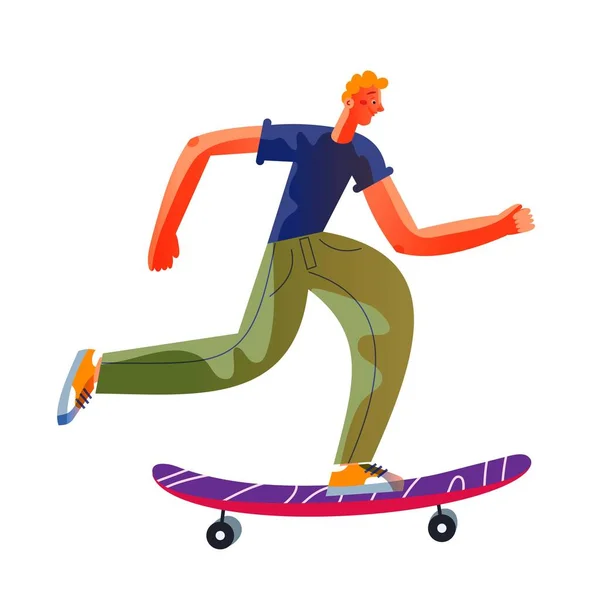 Teen boy skating on skateboard. Happy guy doing healthy exercise at leisure time vector illustration. Young man moving on board with speed isolated on white background, side view — Stock Vector