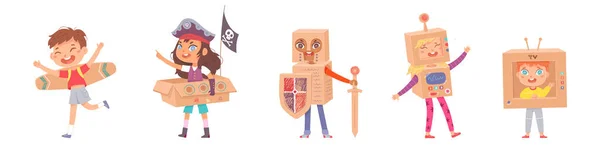 Les enfants jouent avec un ensemble de costumes en carton, enfant volant avec des ailes, habillé comme un chevalier, robot — Image vectorielle