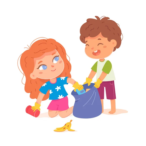 Los niños recogen basura en la bolsa para limpiar el parque o la calle, voluntarios lindos trabajando juntos — Archivo Imágenes Vectoriales
