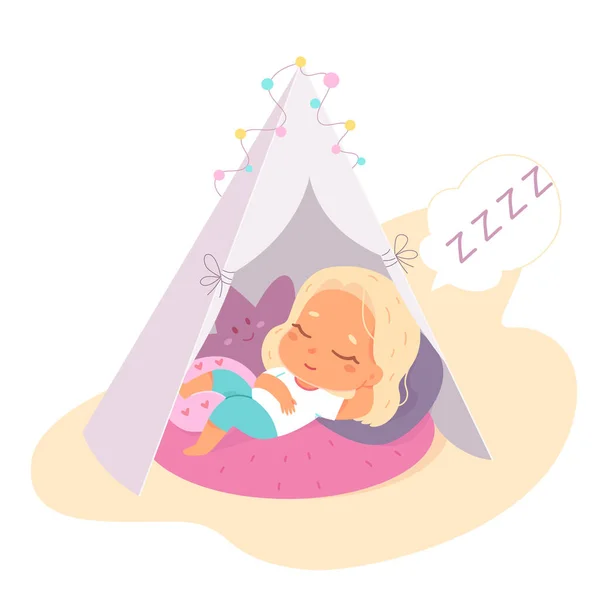Симпатична дитина лежить в домашньому сні, дитина засинає після гри — стоковий вектор