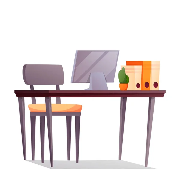 Bureau avec ordinateur et chaise, mobilier de bureau ou de maison, table avec moniteur, document de travail — Image vectorielle