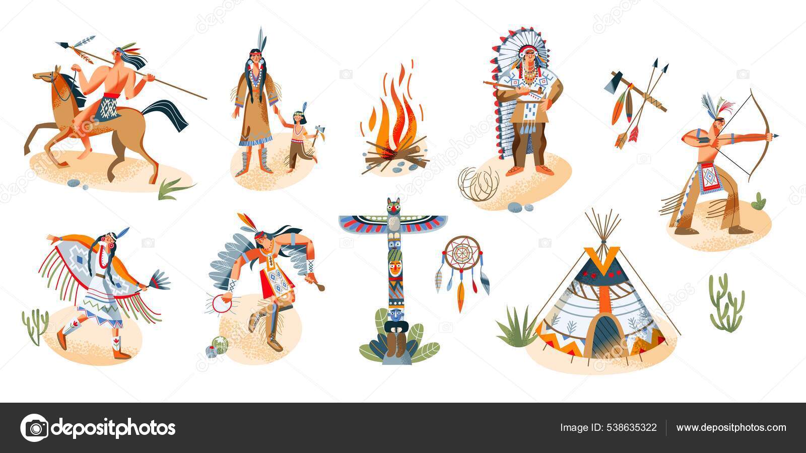 서부 아메리칸 인디언 캐릭터와 물건 세트. 서양 원주민들, 위그와 름, 무기와 불벡터 일러스트. 젊은 남녀들, 흰 배경에 고립된  어린이들 스톡 벡터 - ©ClassicVector 538635322, image size:1600x900