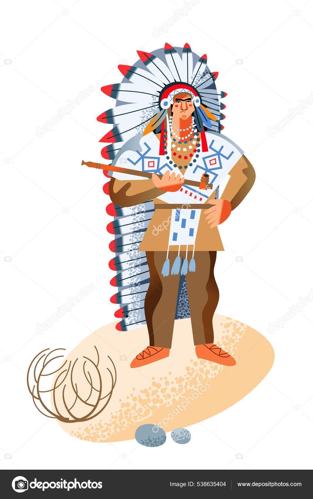 서부 인디언 미국인 이 파이프로 담배피고 있어. 객체 벡터 일러스트를 가진 서양 원주민. 군복을 입고 하얀 배경에 고립된 채서 있는  젊은 전사 스톡 벡터 - ©ClassicVector 538635404, image size:1066x1700