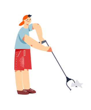 Çevre gönüllüsü çocuk çöp çöplerini çöp çubuğuyla topluyor, çevre temizliği...