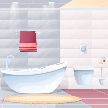 Ev dekorasyonu arka planındaki tuvalet. Tuvaletli modern oda, banyo küveti su ve köpükle dolu musluk ve duş, kağıt, düğme, havlu, halı, yer vektörü çizimi
