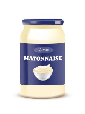 Kapaklı mayonez sosu şişesi. Mayonez vektör resimli kapalı bir kavanoz. Mavi ambalajlı teneke kutu beyaz arkaplanda izole edildi. Gıda ürünü tasarımı için lezzetli kremalı elbise.