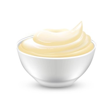 Kasede mayonez sosu. Yuvarlak tabak ve mayonez vektör çizimi. Gurme çeşnisinin bir kısmı beyaz arka planda izole edilmiş. Gıda ürünü tasarımı için lezzetli kremalı elbise.