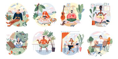 İnsanlar Zen pozlarında rahatlar, lotus pozisyonunda otururlar, ofiste, evde ya da parkta dinlenirler.