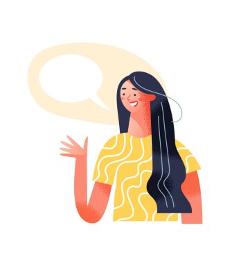 Boş konuşma balonu olan bir kadın, konuşan ve gülümseyen bir kız, mesaj balonu olan bir kişi.