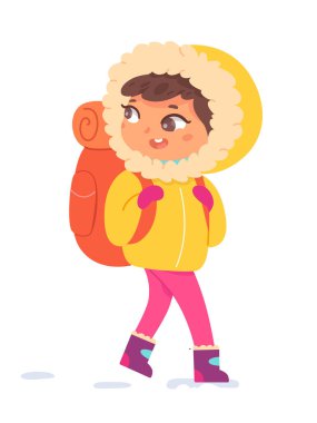 Çocuk yürüyüşü, sıcak kıyafetler giymiş küçük bir çocuk, kış mevsimi için kapüşonlu ve botlu bir ceket.