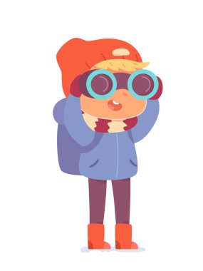 Elinde dürbün tutan sevimli çocuk yürüyüşçüsü soğuk hava için sıcak eşarp şapkası takan komik çocuk.