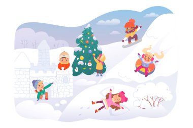 Çocuklar oynuyor, kışın ve xmas tatilinin tadını çıkarıyor, sevimli çocuklar kartoplarından kale inşa ediyorlar.