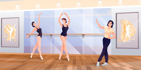 Ballerines dansant avec entraîneur en studio en classe. École de ballet illustration vectorielle de design d'intérieur. Belles femmes dans différentes poses à la main courante pendant les cours. Panorama horizontal — Image vectorielle