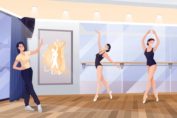 Ballerine che ballano con l'allenatore in studio a lezione. Illustrazione vettoriale di interior design della scuola di danza. Belle donne in pose diverse a corrimano durante la lezione. Panorama orizzontale — Vettoriale Stock