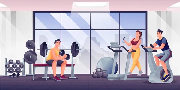 Gente haciendo ejercicio en el gimnasio. Sala con equipo deportivo para entrenamientos ilustración vectorial. Mujer y hombres entrenando en cinta de correr, bicicleta, levantamiento de pesas. Estilo de vida saludable — Vector de stock