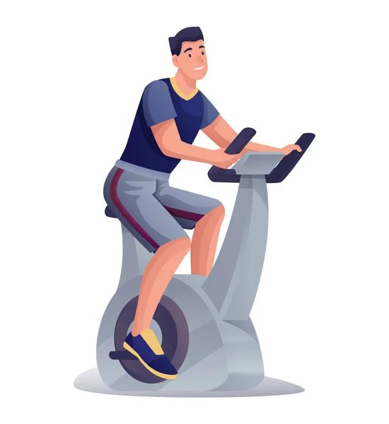 Hombre joven haciendo ejercicio en el equipo de bicicleta gimnasio. Feliz chico sonriente sentado y ciclismo vector ilustración. Vida activa saludable. Hombre haciendo deporte aislado sobre fondo blanco — Archivo Imágenes Vectoriales