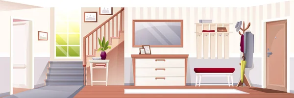 Hallway at home interior design background. House with entrance door, cupboard, hanger, mirror, table, staircase, window vector illustration. Foyer room horizontal panorama view —  Vetores de Stock