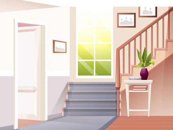 내부 디자인 과 계단 배경 이 있다. 문 이 있는 집, 책 이 있는 탁자, 꽃병에 심은 식물, 계단, 벽에 걸려 있는 그림, 창문 벡터 그림. 현대의 아늑 한 안개 방의 모습 — 스톡 벡터