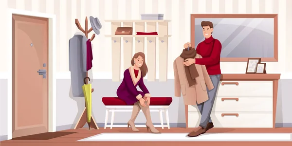 People putting clothes on in hallway at home. Man with coat and woman sitting on bench in house vector illustration. Foyer room interior design horizontal background with staricase and doors — Stockvektor