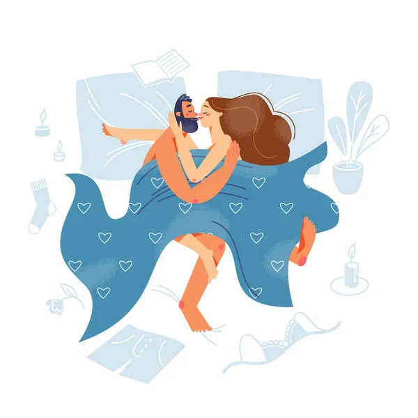 Couple of lovers laying in bed together, woman and man hugging, clothes scattered around — Stock Vector