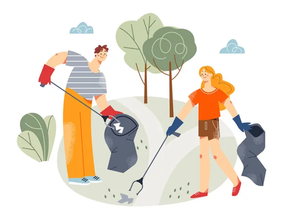 Volunteers collecting garbage and paper trash in plastic bags, friends work with rake — Stock Vector