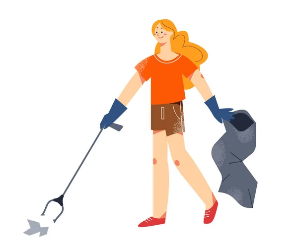 Eco volontario ragazza raccogliendo rifiuti di carta spazzatura con bastone rifiuti, pulizia ambientale — Vettoriale Stock