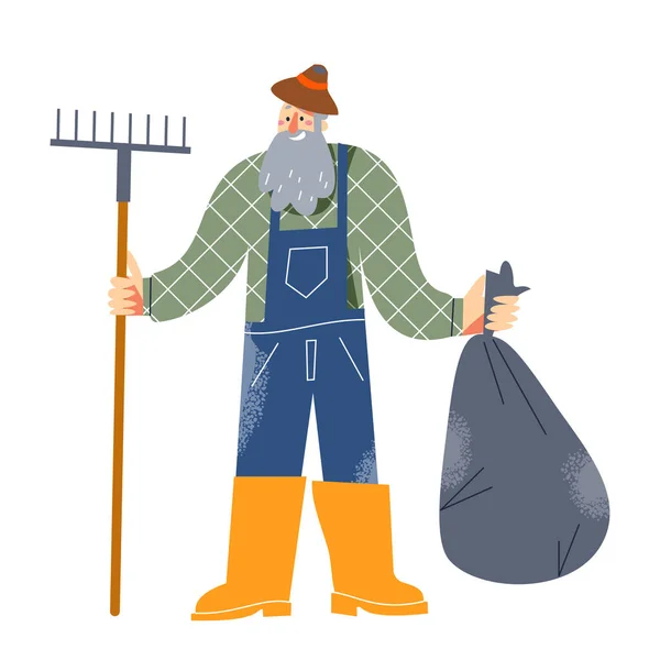 Straatreiniger met vuilniszak en hark, man werkzaam in schoonmaakdienst — Stockvector