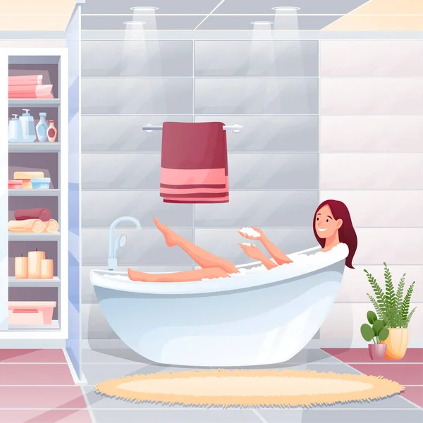 Mujer joven tomando baño en el baño en casa. Mujer feliz lavado con jabón y espuma en bañera ilustración vectorial interior. Diseño interior de la habitación con armario con estantes, toalla, alfombra — Archivo Imágenes Vectoriales